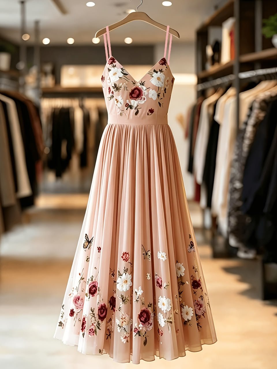 Women's elegant thin shoulder strap floral printed mesh stitching dress suitable for parties, vacations, parties and dates